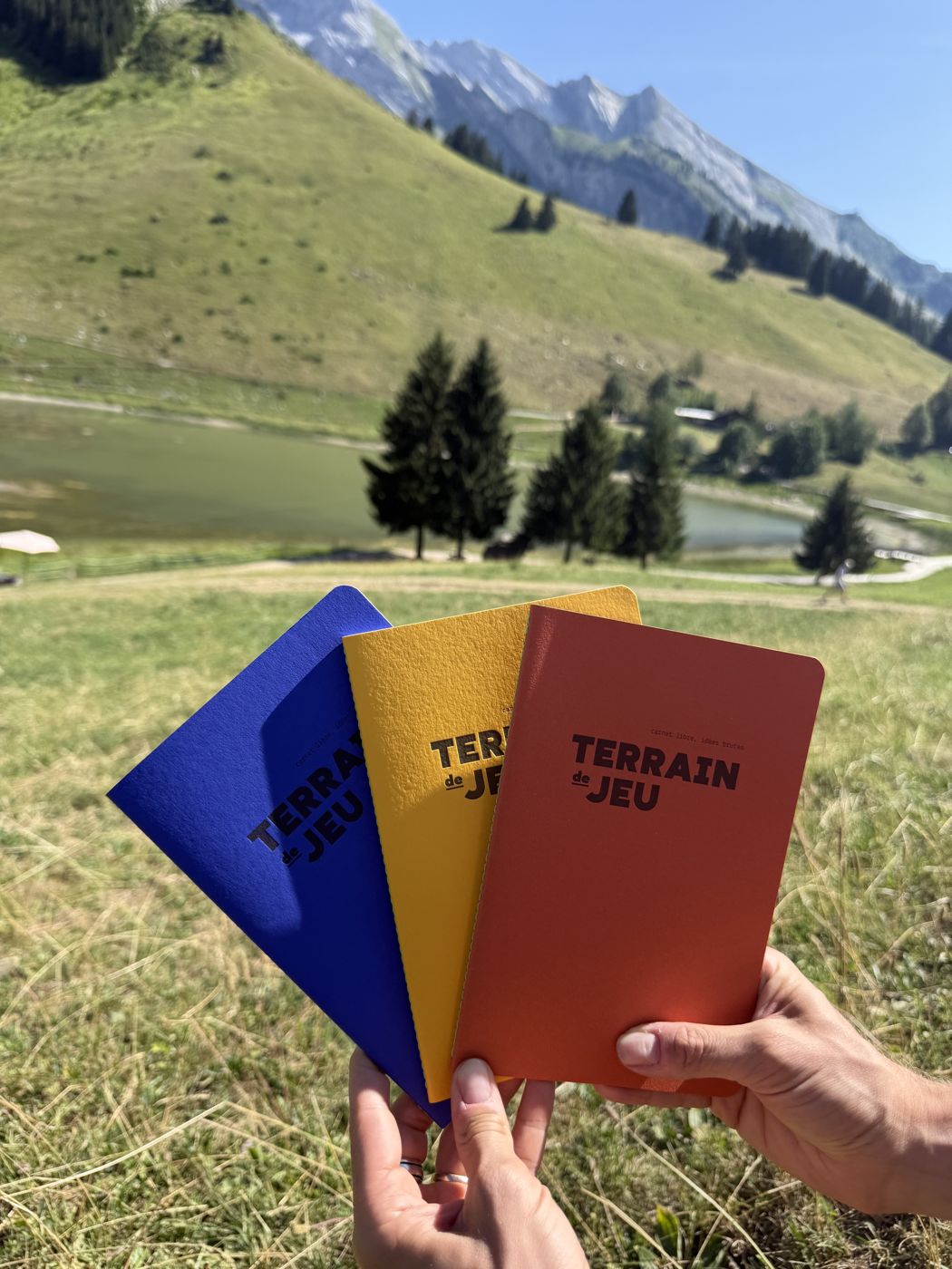 Trois carnets Terrain de Jeu, bleu, jaune et orange, tenus en éventail dans un alpage