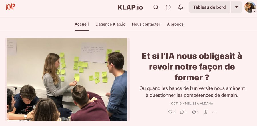 Page d’accueil de la newsletter B2B de Klap sur Substack, avec l’édition « Et si l’IA nous obligeait à revoir notre façon de former ? »